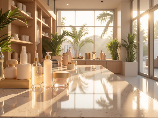 Yiwu small commodity market display of beauty accessories and jewelry items, showing makeup tools and cosmetic accessories, organized retail presentation of hair accessories and personal care items, attractive beauty product showcase, authentic market environment