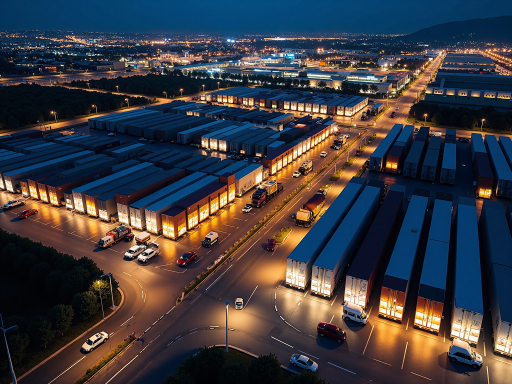 Realistic panoramic view of Yiwu Global Digital Trade Center exterior showing large modern commercial complex with multiple floors of retail spaces, bustling marketplace atmosphere with vendors and customers, iconic Yiwu market architecture and signage, busy commercial hub environment with modern glass facade and multiple levels of shopping areas